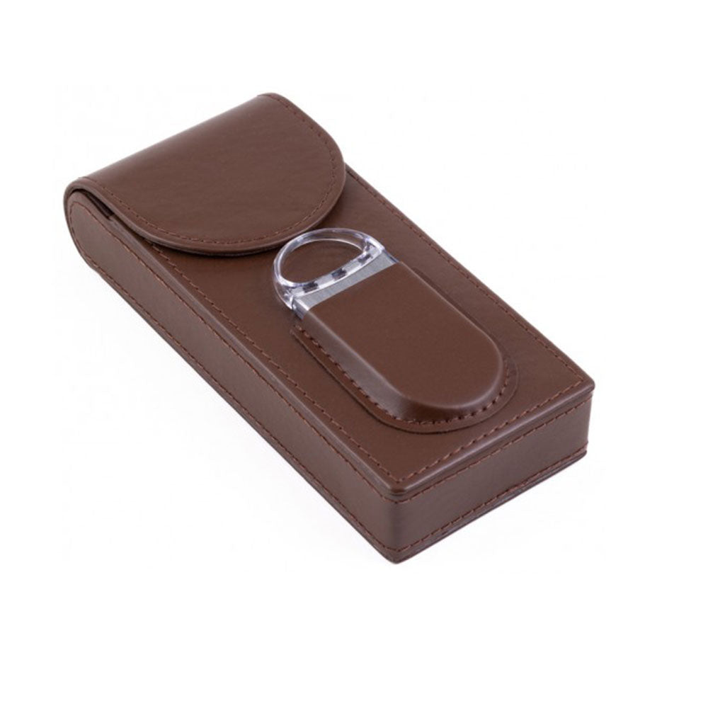 3 Cigar Leather Case with Magnetic Closure & Cutter – Brown