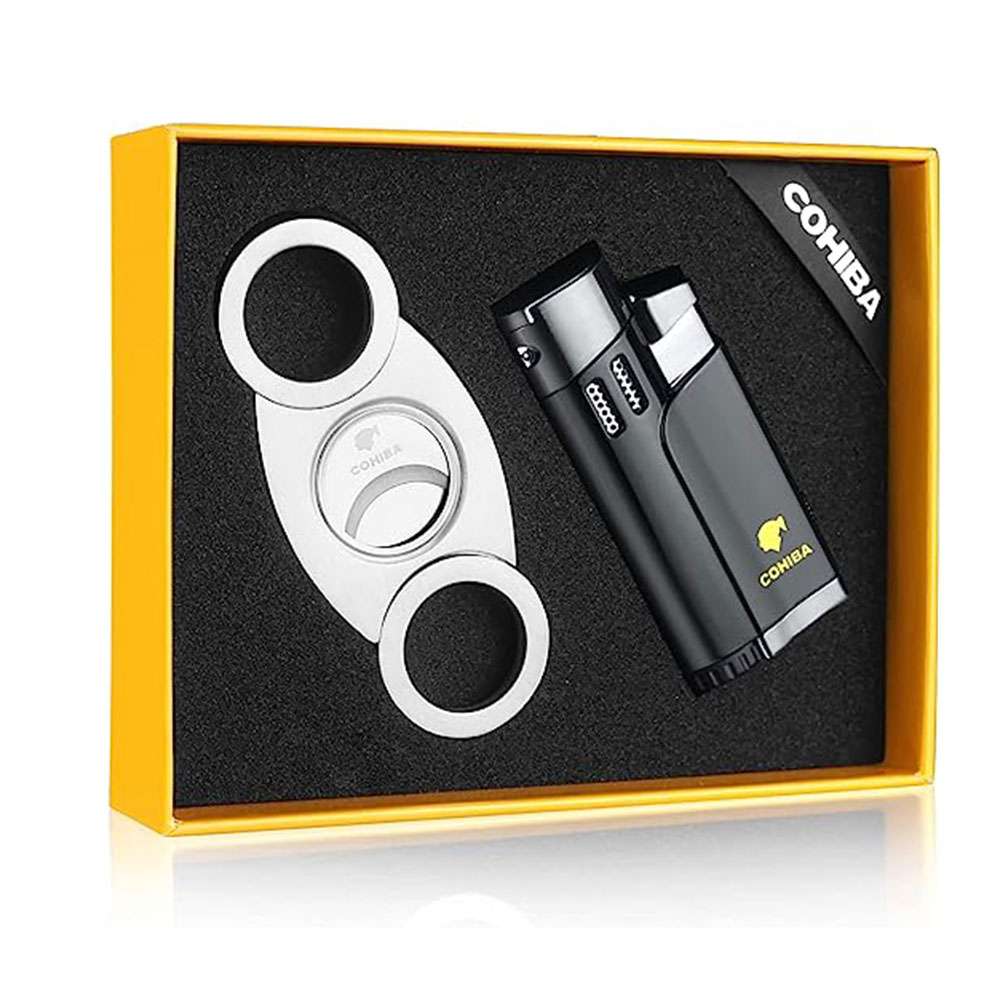 Four flame lighter with cutter set – black
