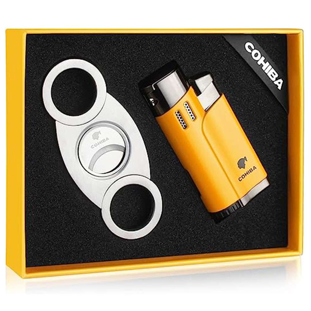 Four flame lighter with cutter set – yellow