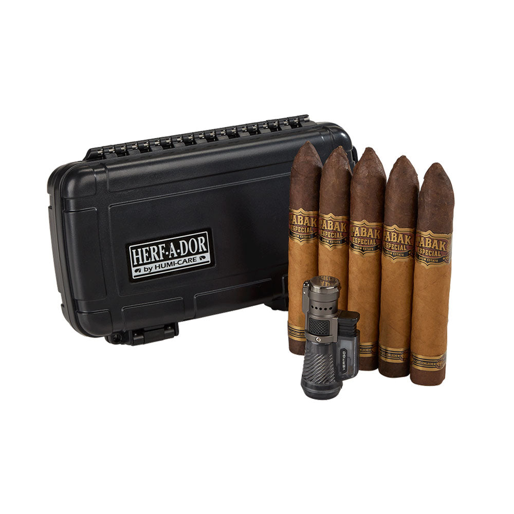 Ensemble de voyage Tabak Especial – Cave à cigares Herf-a-dor, briquet Vertigo et paquet de 5 cigares