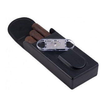 3 Cigar Leather Case with Magnetic Closure & Cutter – Black