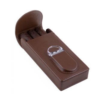 3 Cigar Leather Case with Magnetic Closure & Cutter – Brown