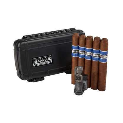 Coffret de voyage Cohiba Blue – Cave à cigares Herf-a-dor, briquet Vertigo et paquet de 5 cigares