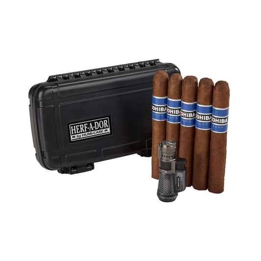 Cohiba Blue Travel Set – Herf-a-dor Humidor, Vertigo Lighter & 5-Pack Cigars