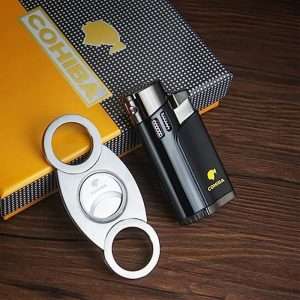 Four flame lighter with cutter set – black