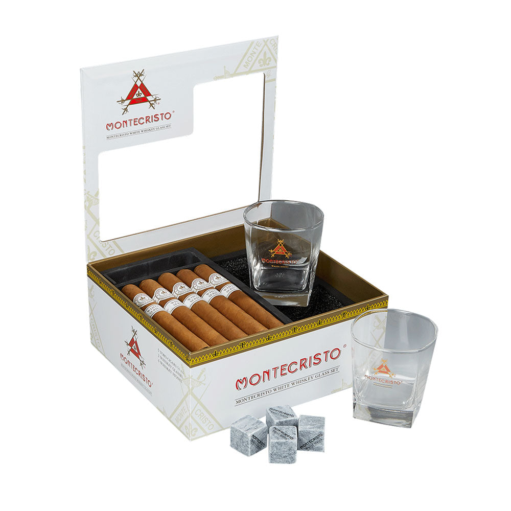 Montecristo White Series Whiskey Glass Duo with 5-Pack Toro Sampler