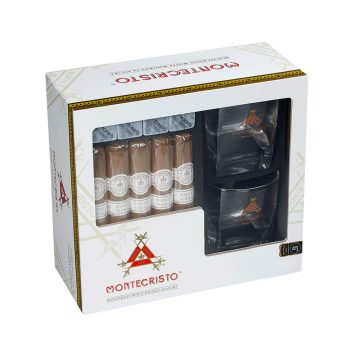 Montecristo White Series Whiskey Glass Duo with 5-Pack Toro Sampler