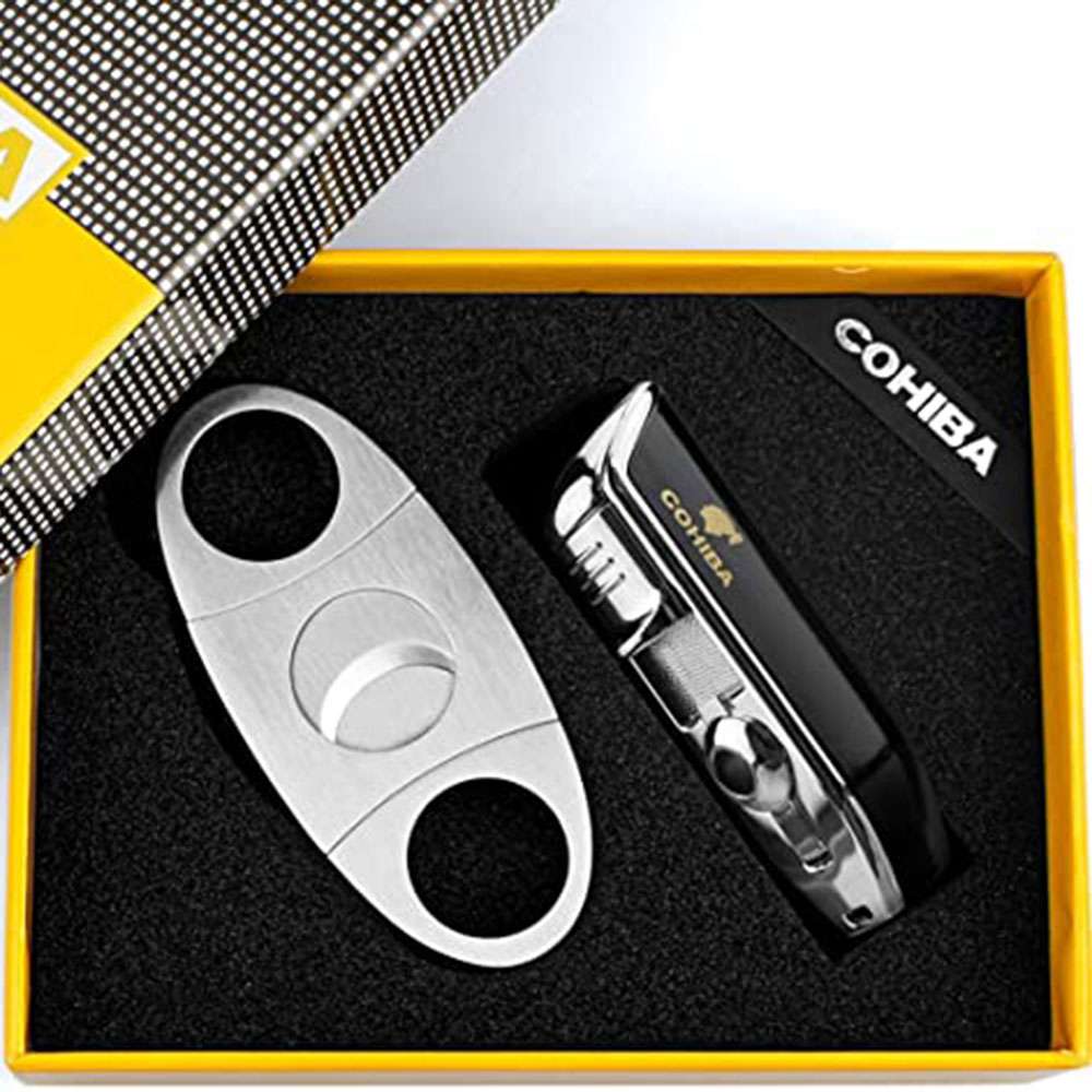Tri flame lighter with cutter set – Black